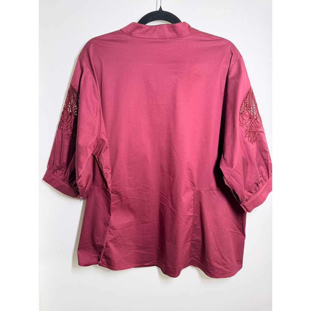 WD·NY Blouse Women 2X Burgundy NWT Eyelet Sleeve Split Neck Pullover Top - Picture 6 of 9